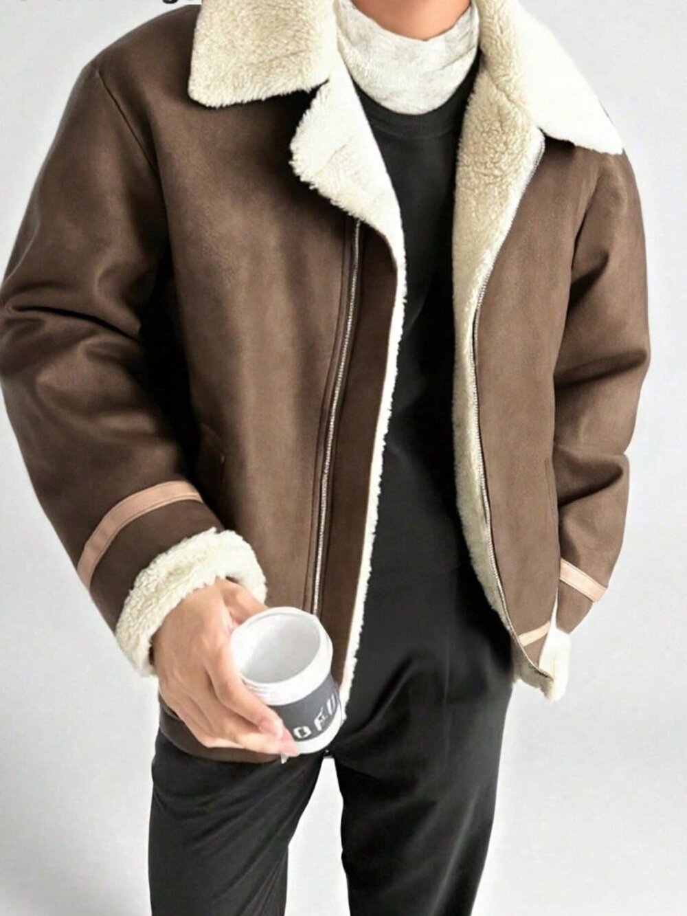 Khaki Loose Fit Men's Zip-Outer Sports Thermal Lined Coat